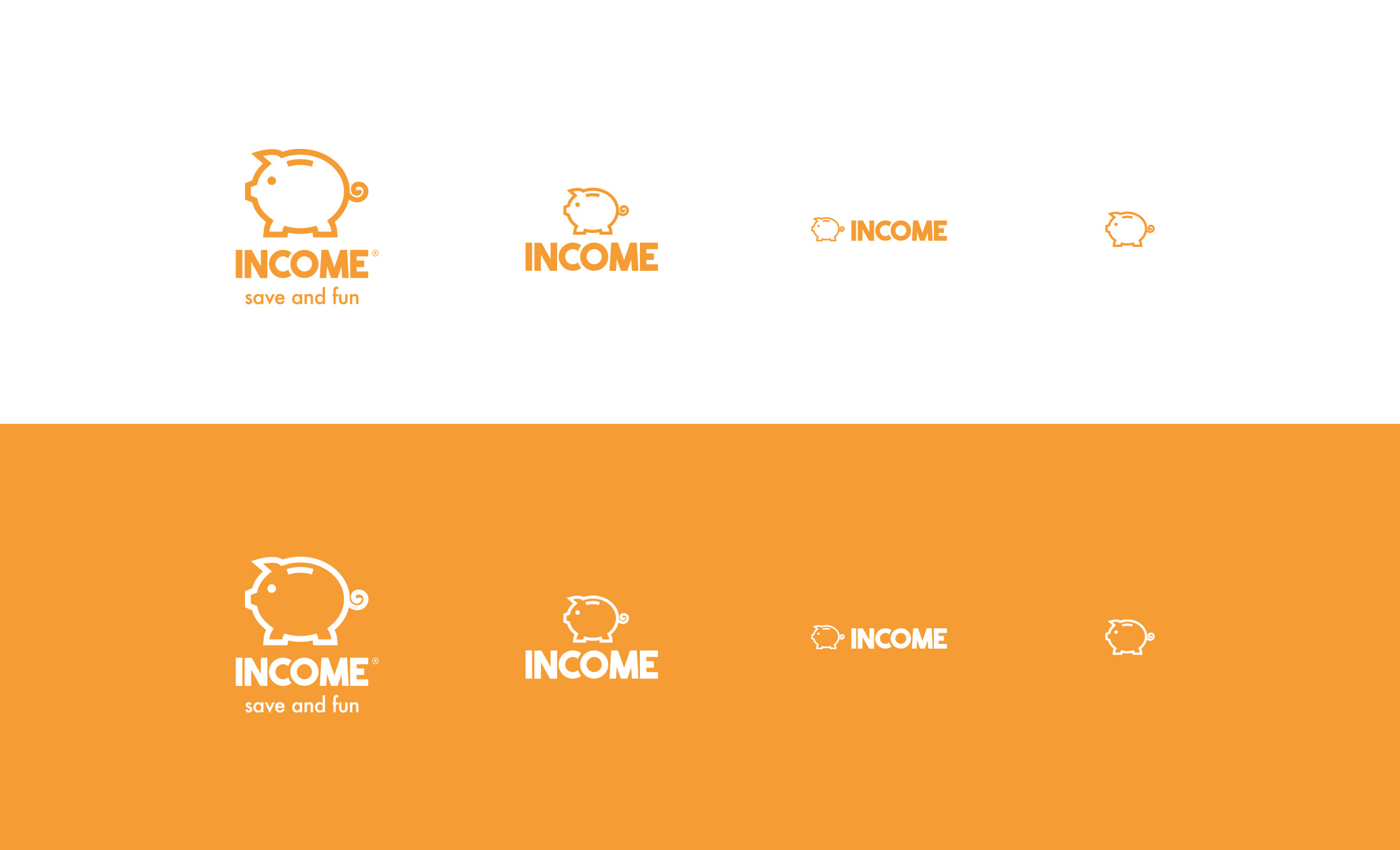 Sistema di logo design di Income con varianti del marchio e simbolo del salvadanaio su fondo bianco e arancione Sistema di logo design di Income con varianti del marchio e simbolo del salvadanaio su fondo bianco e arancione