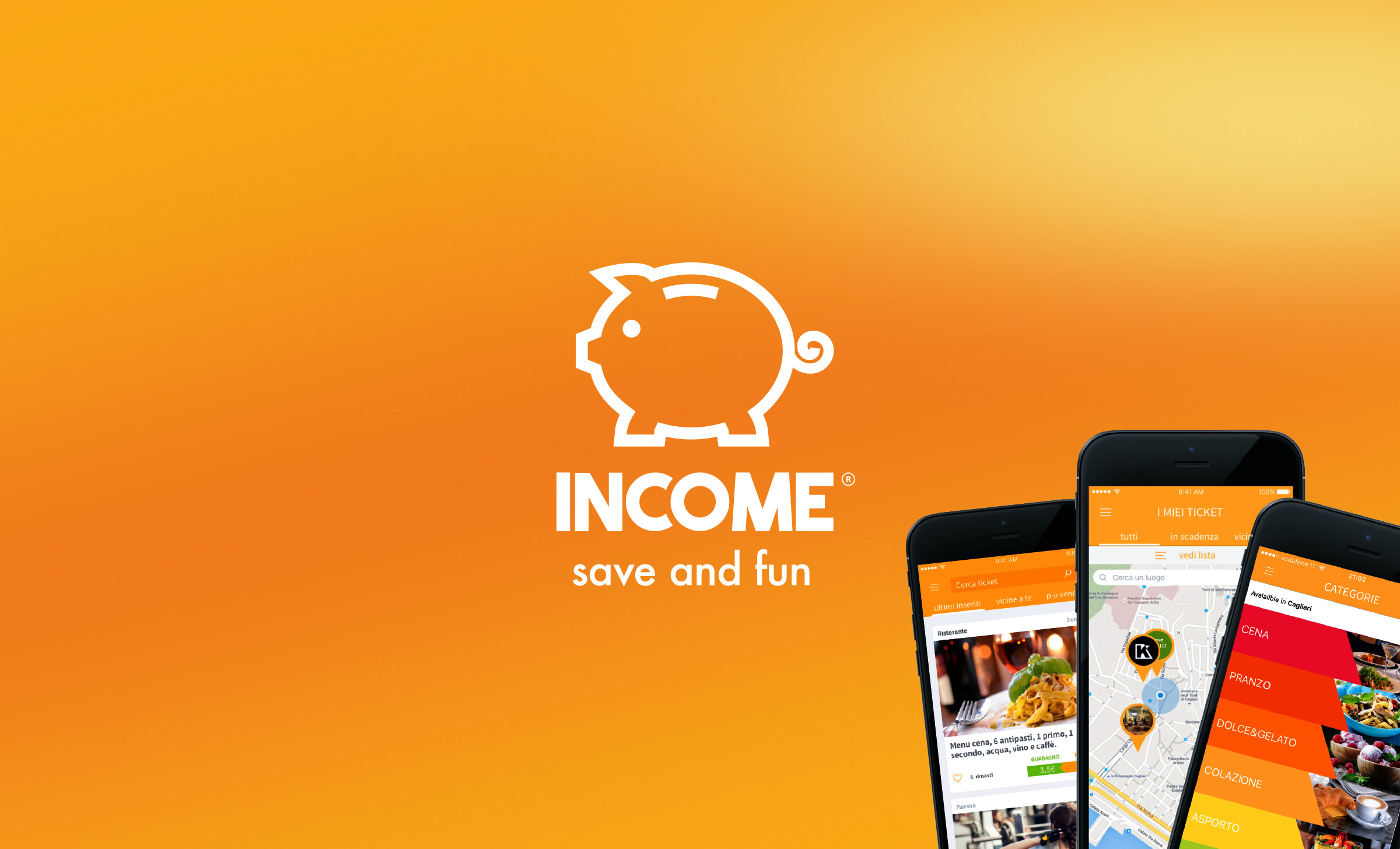 Brand identity e UI design dell’app Income con logo, icona mobile e schermate dell’applicazione cashback