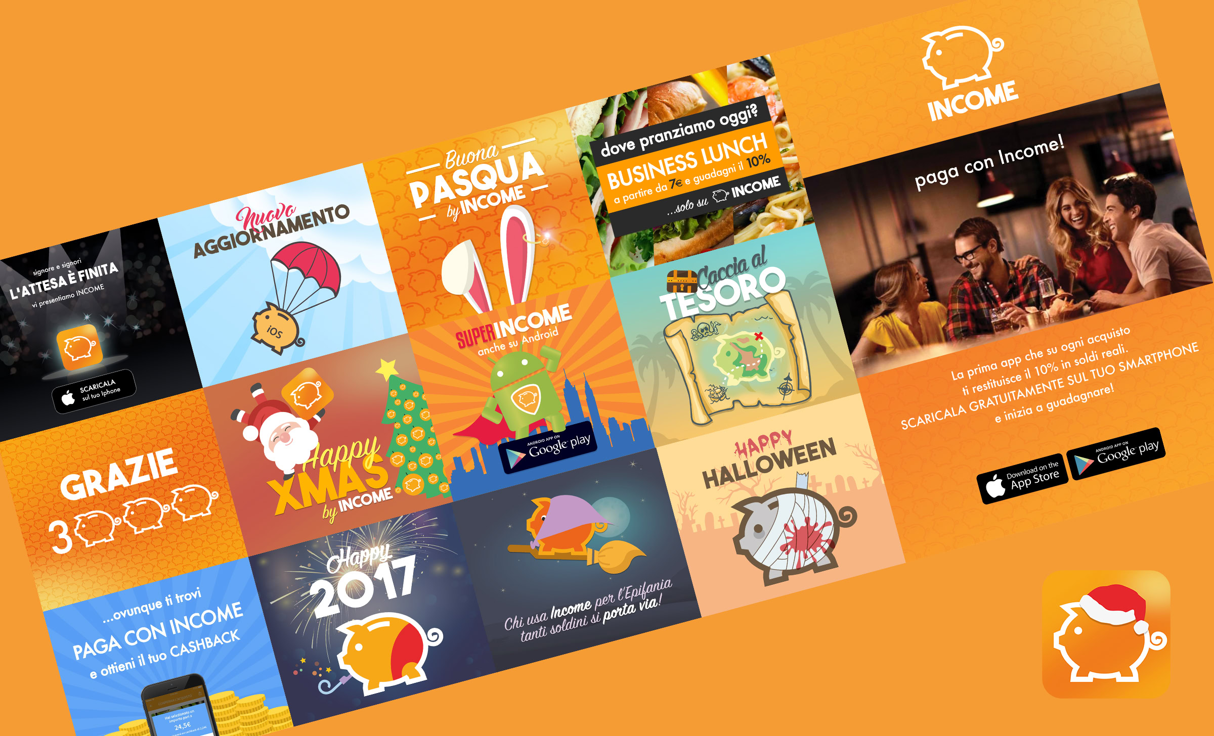 Visual identity e social media design di Income con campagne promozionali, grafiche stagionali e applicazioni del simbolo del salvadanaio Visual identity e social media design di Income con campagne promozionali, grafiche stagionali e applicazioni del simbolo del salvadanaio