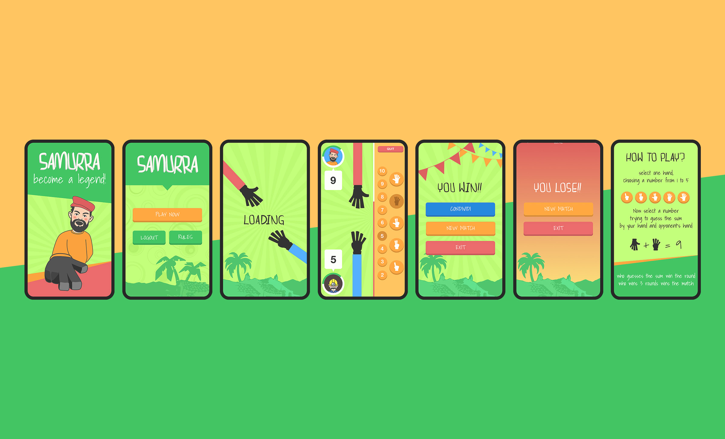 Design UI dell’app SaMurra con schermate di gioco, interfaccia e identità visiva