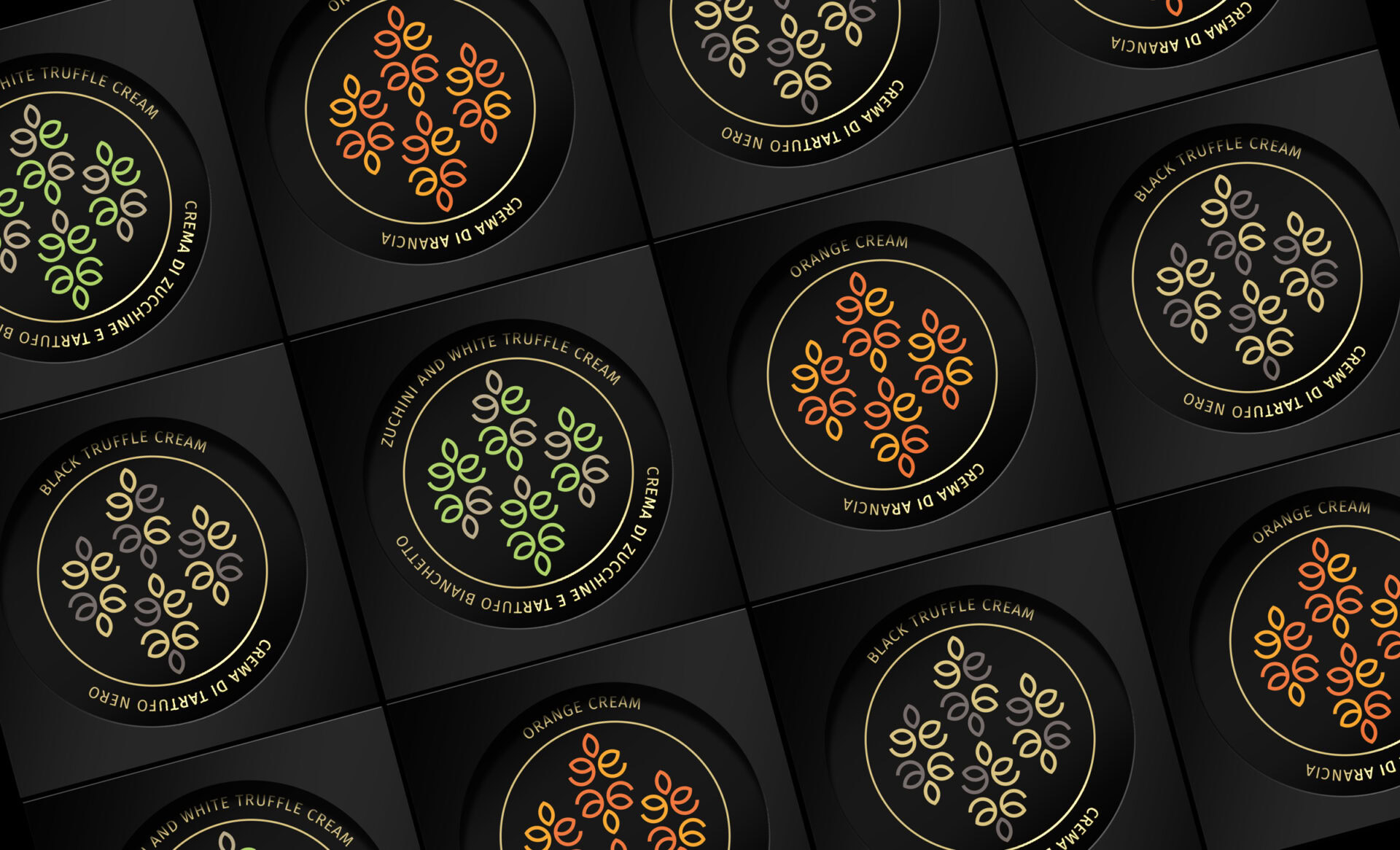 Collezione dei packaging Emerald con le diverse varianti di prodotto organizzate in una composizione grafica coordinata.