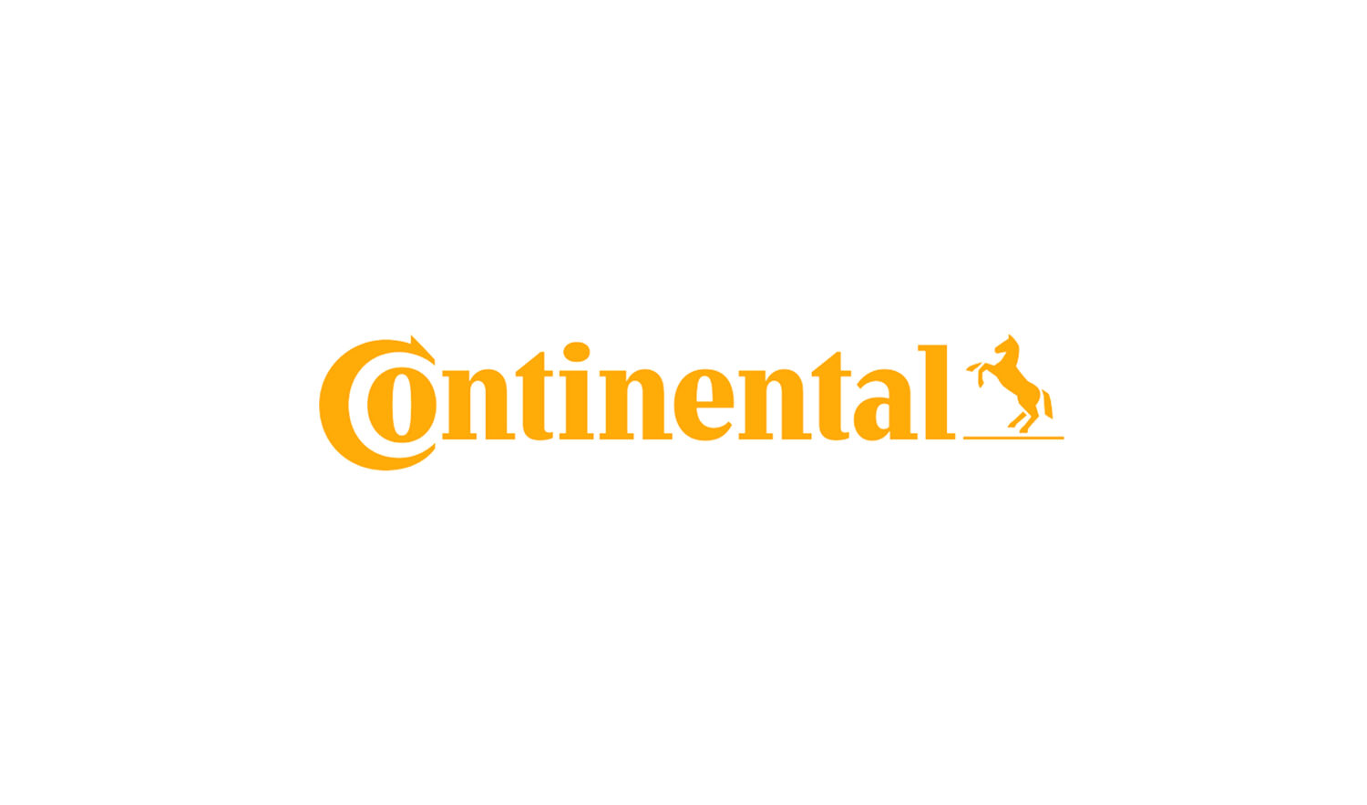 Continental — Logo Continental, scritta arancione in cui le lettere "Co" formano uno pneumatico, con un cavallo rampante a lato.