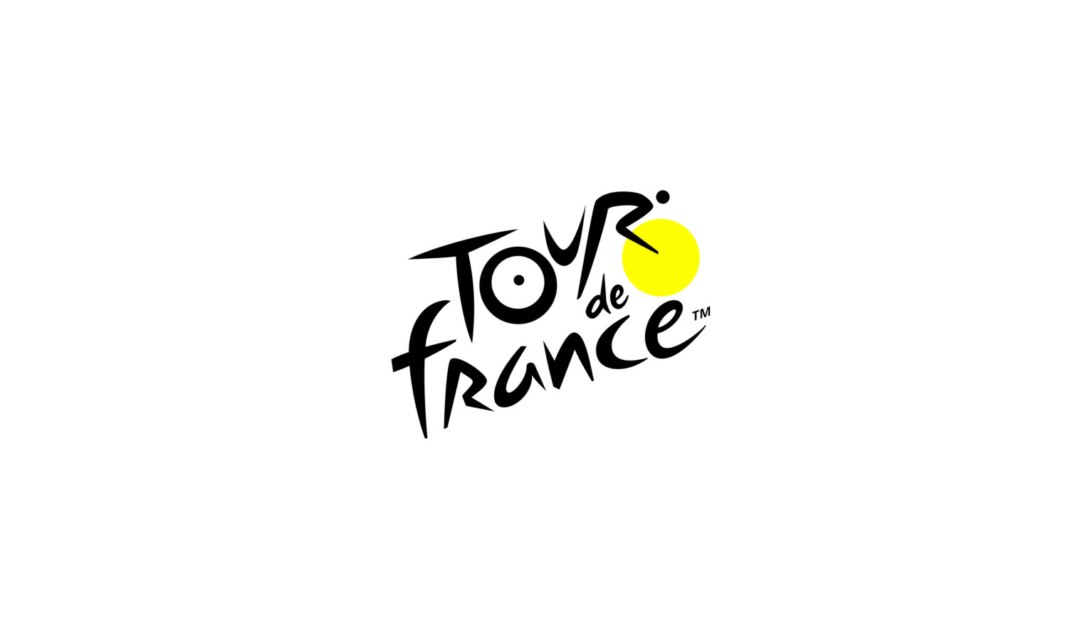 Tour de France — Logo Tour de France, lettering nero in cui la parola "Tour" nasconde un ciclista, con un cerchio giallo come ruota e sole.